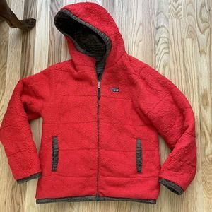 Kids's Patagonia Reversible Zip Brown Red Fuzzy Fleece Winter Coat Jacket Sz XL